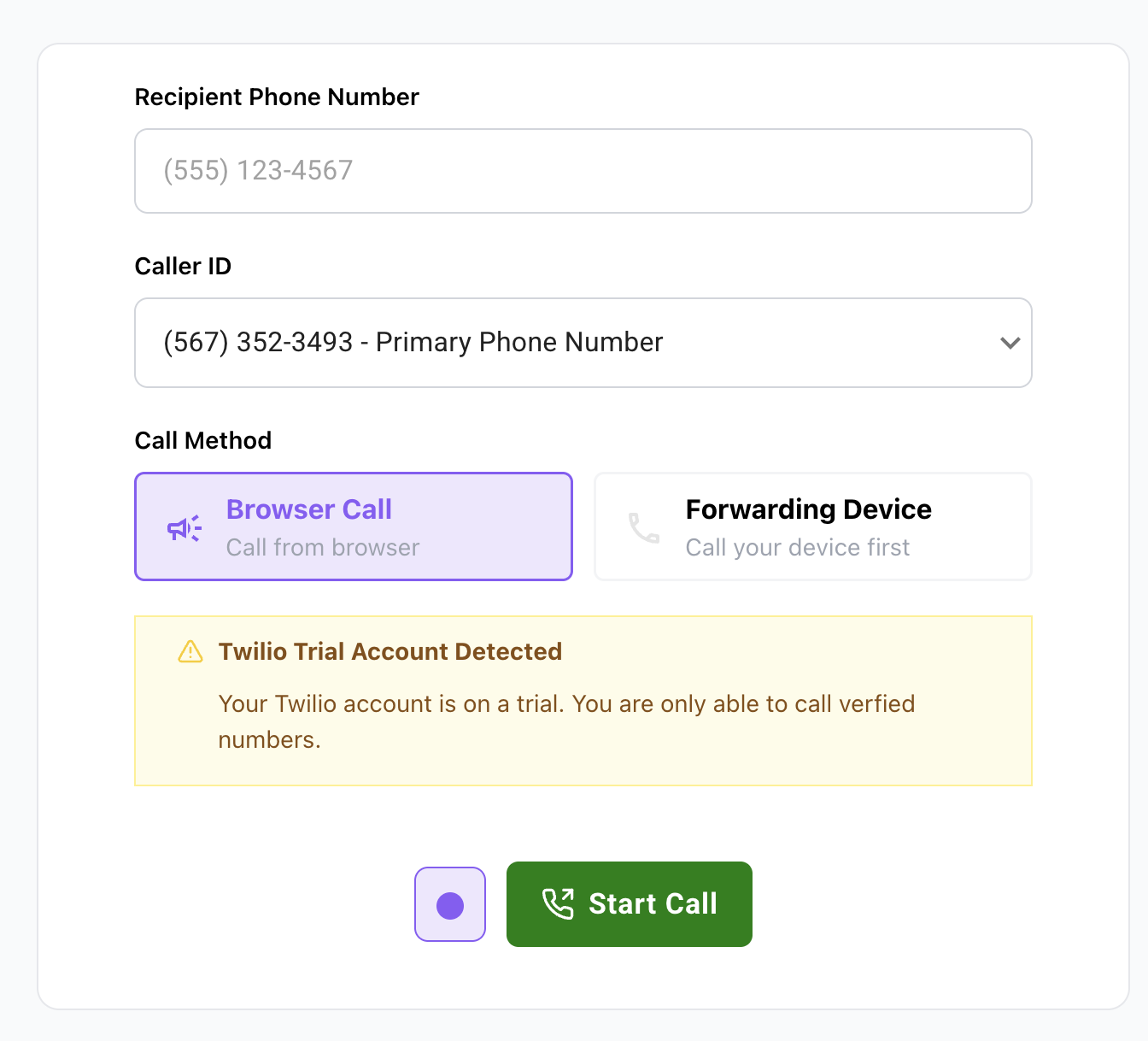 Twilanswer dialer showing a Twilio trial account warning banner that says you can only call verified numbers