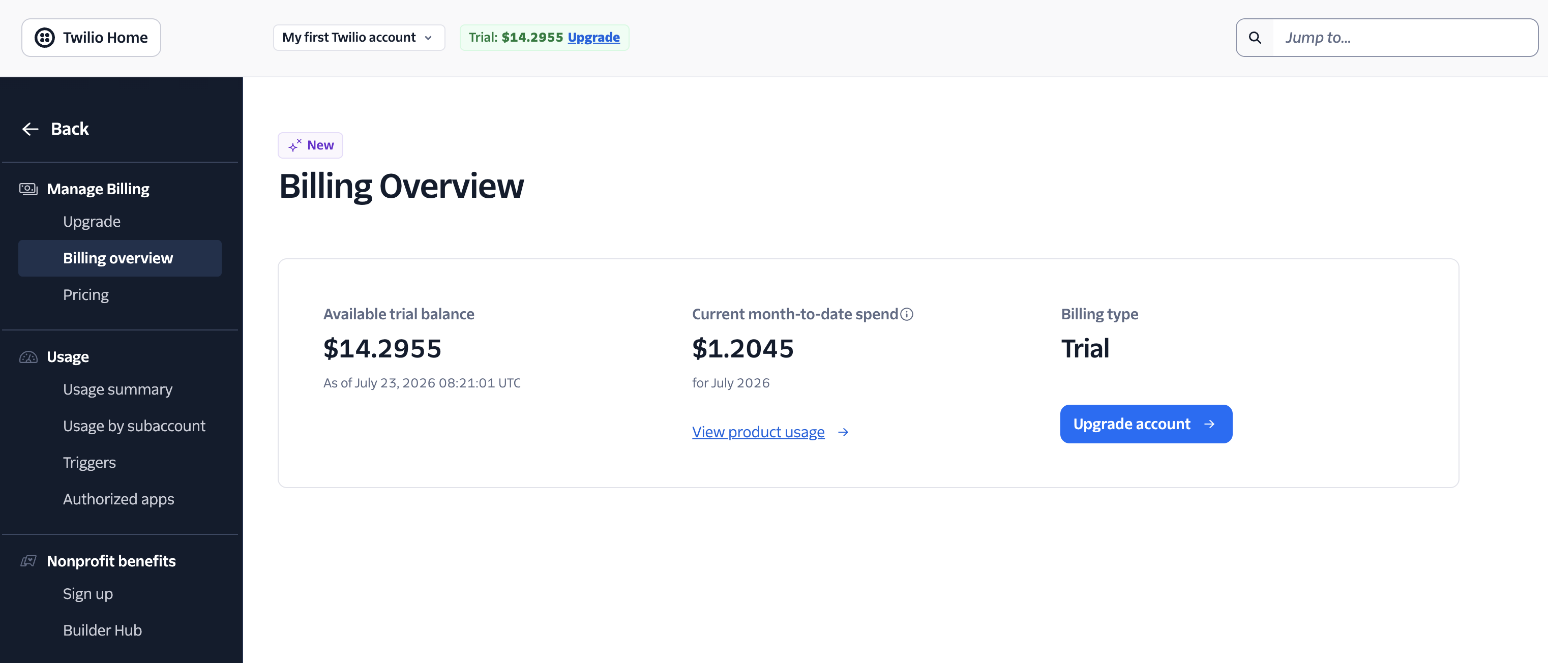 Twilio Console billing overview page showing Trial billing type, available trial balance, and an Upgrade account button