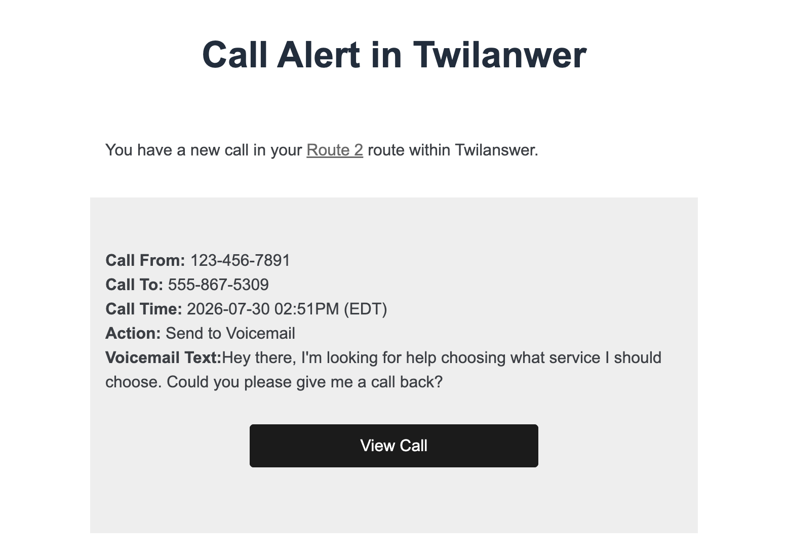 Example Twilanswer voicemail email notification showing caller details, transcript, and a View Call button