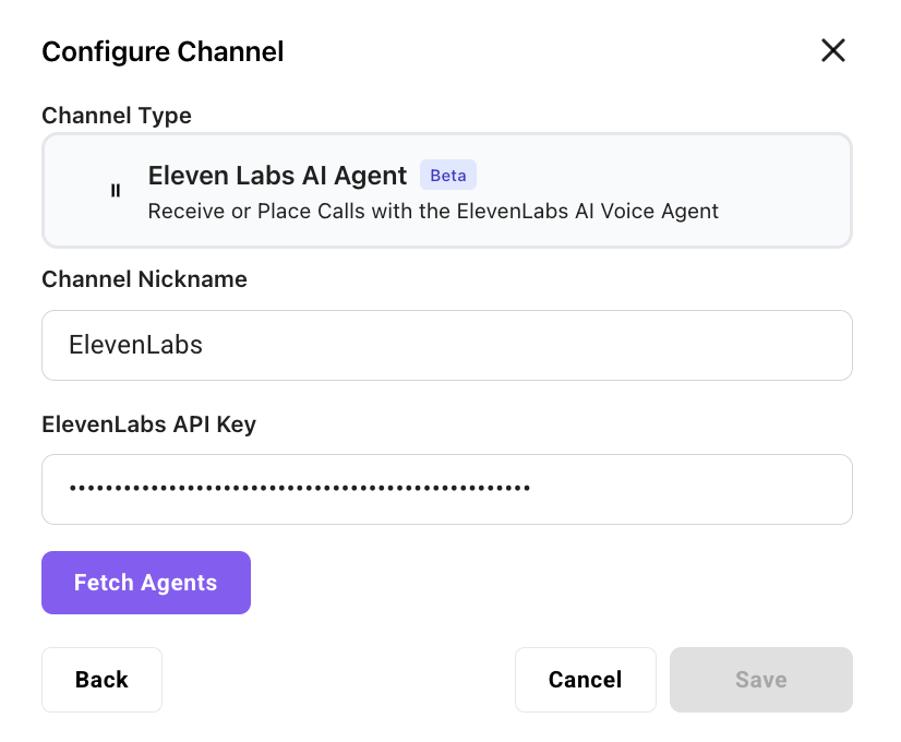ElevenLabs channel: nickname and API key fields