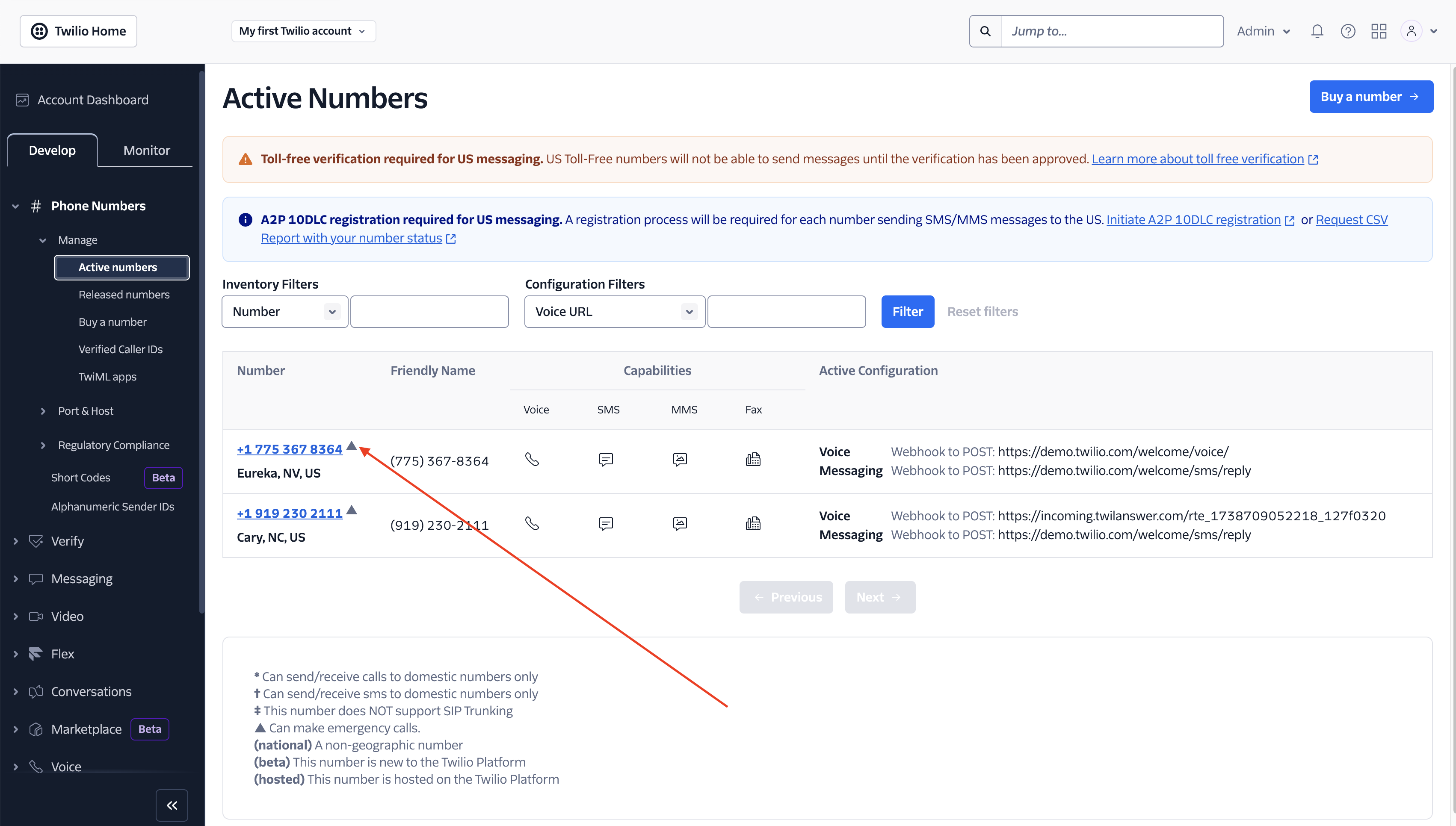 Twilio Console Active Numbers list