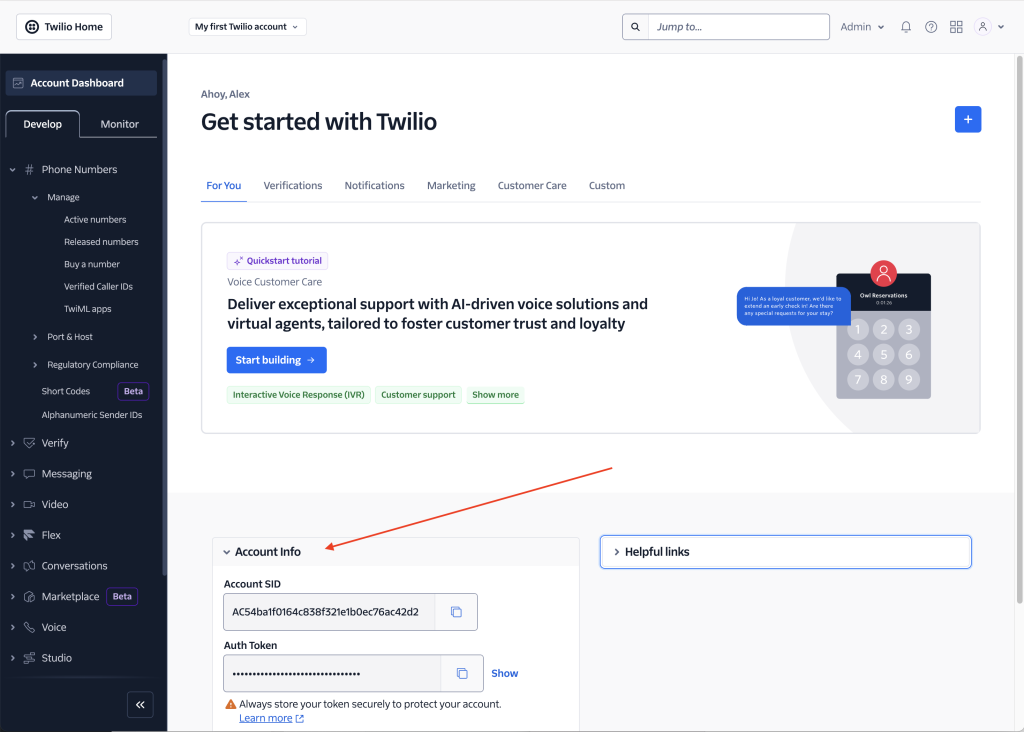 Twilio Console Account Info
