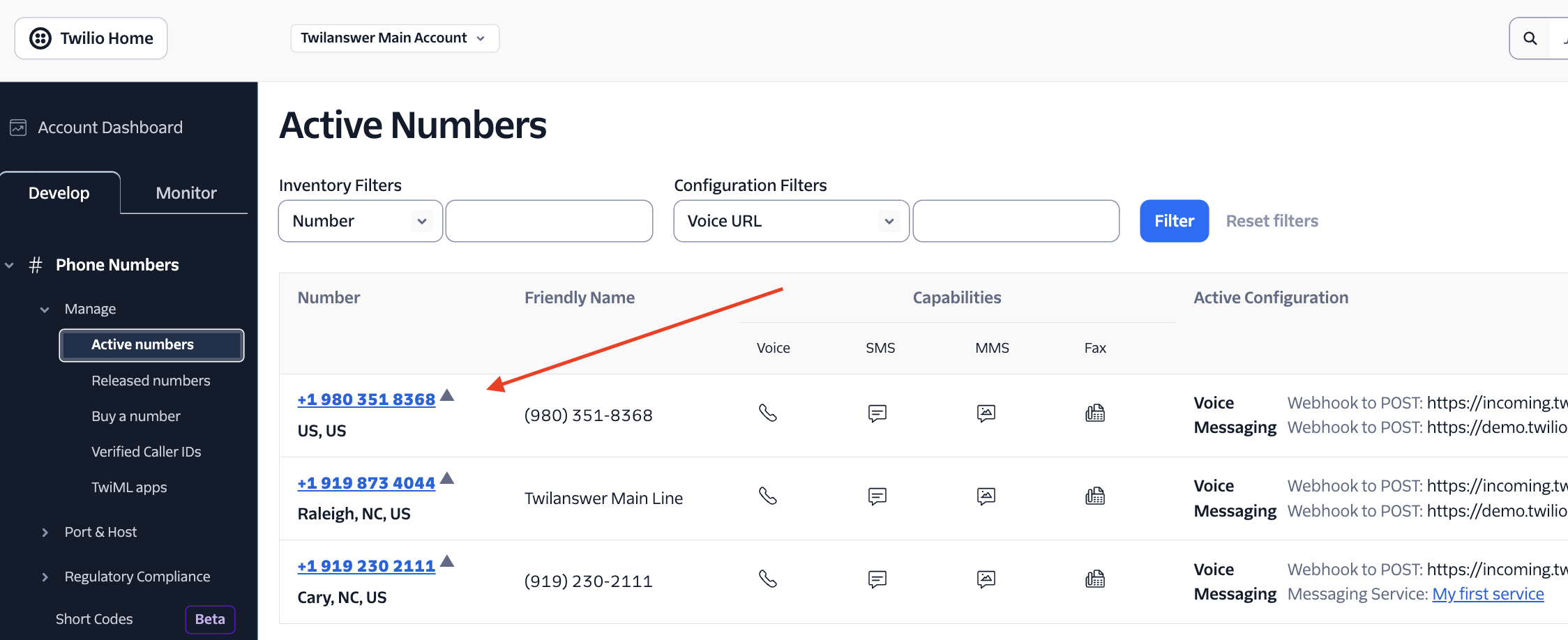 Selecting a phone number in the Twilio Console