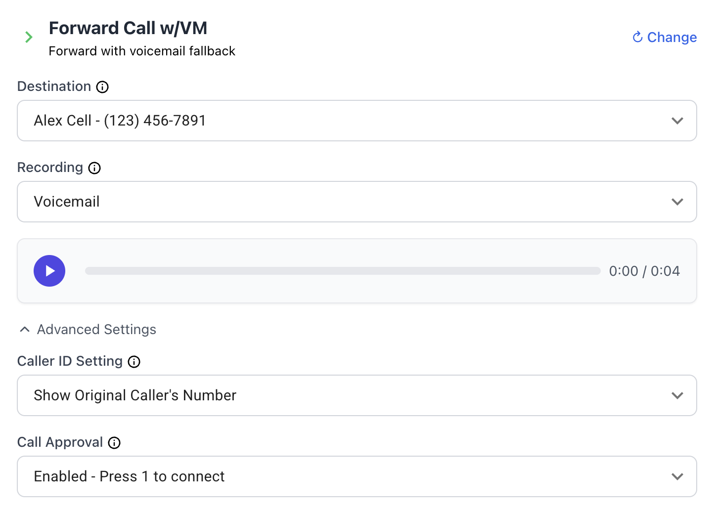 Forward with voicemail fallback settings