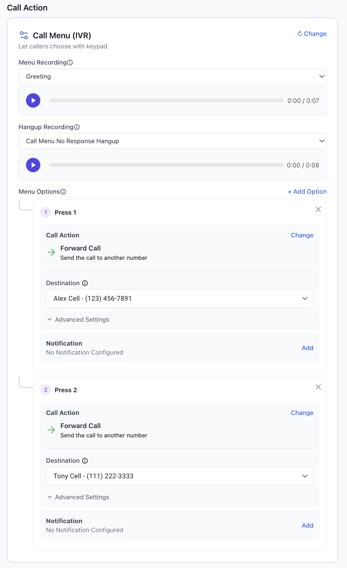 Call menu (IVR) configuration