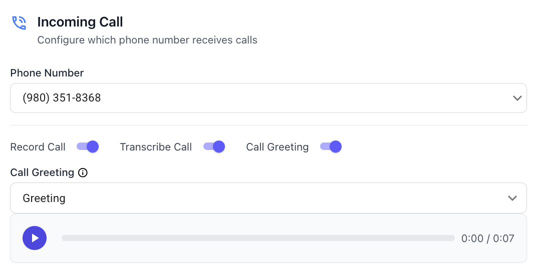 Recording and transcription options on a call route