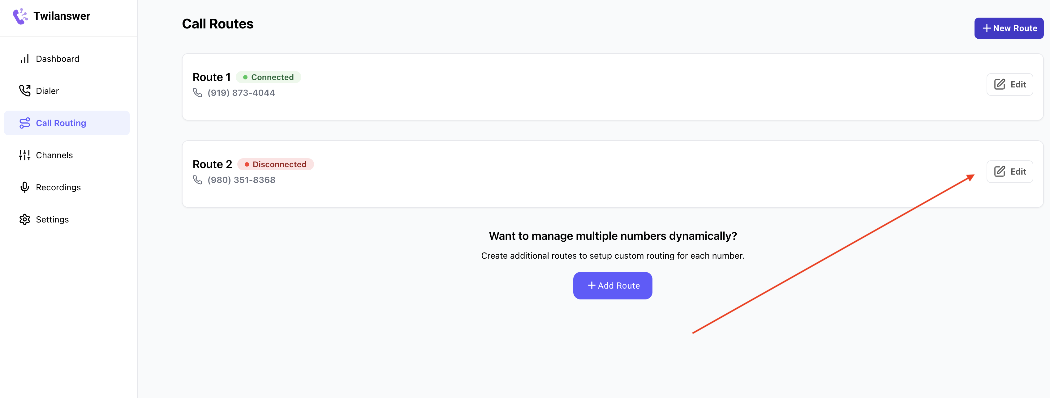 Call Routing page with Add Route