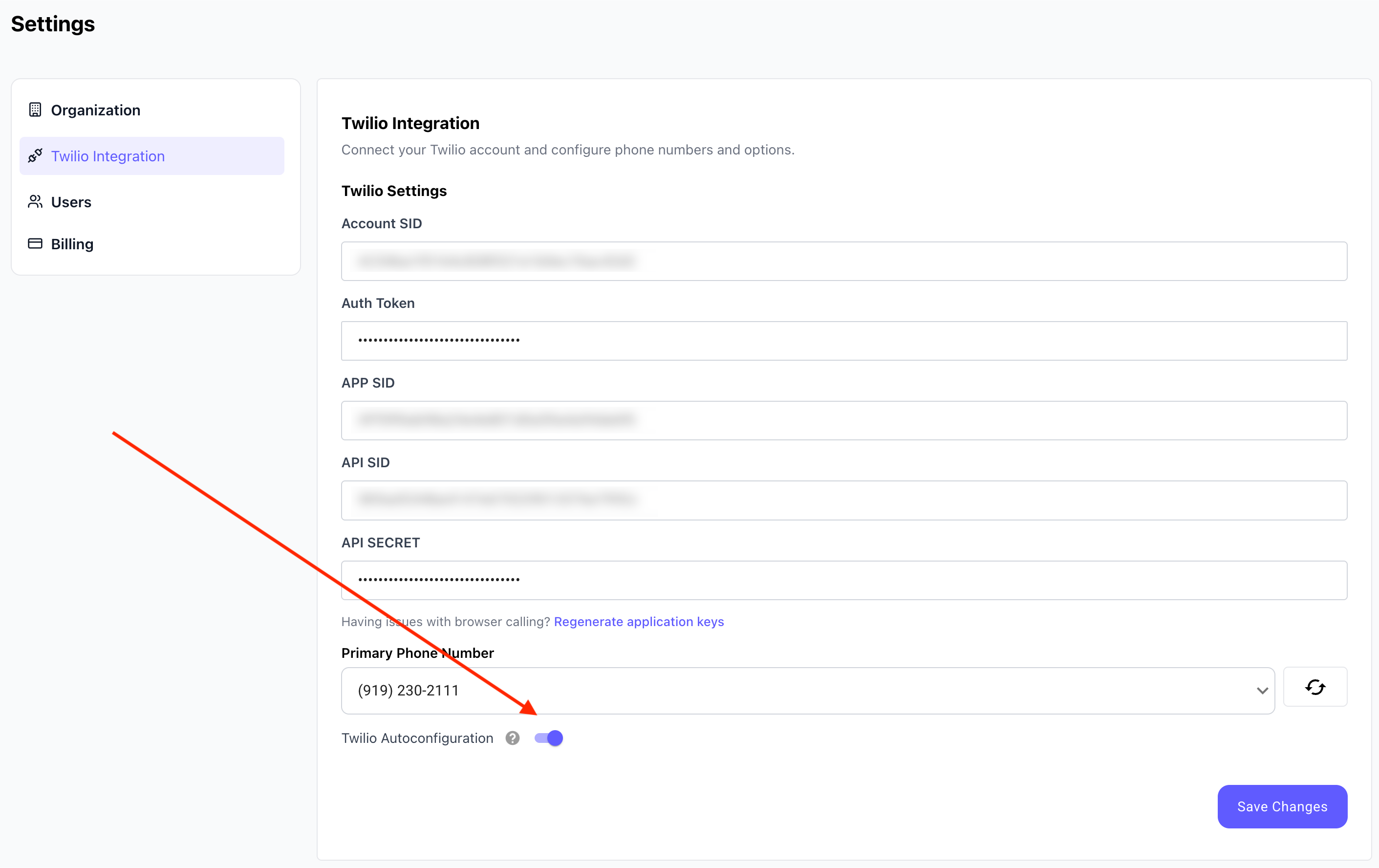Twilio Autoconfiguration in Settings