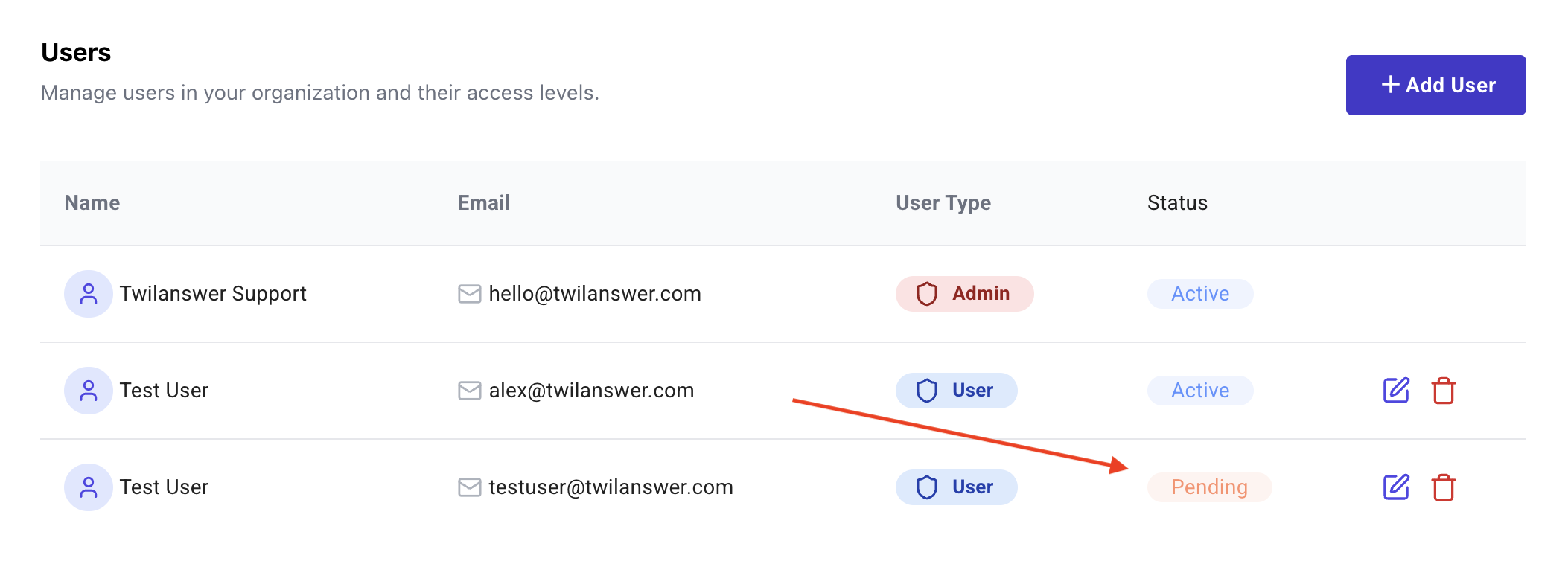 Pending user status